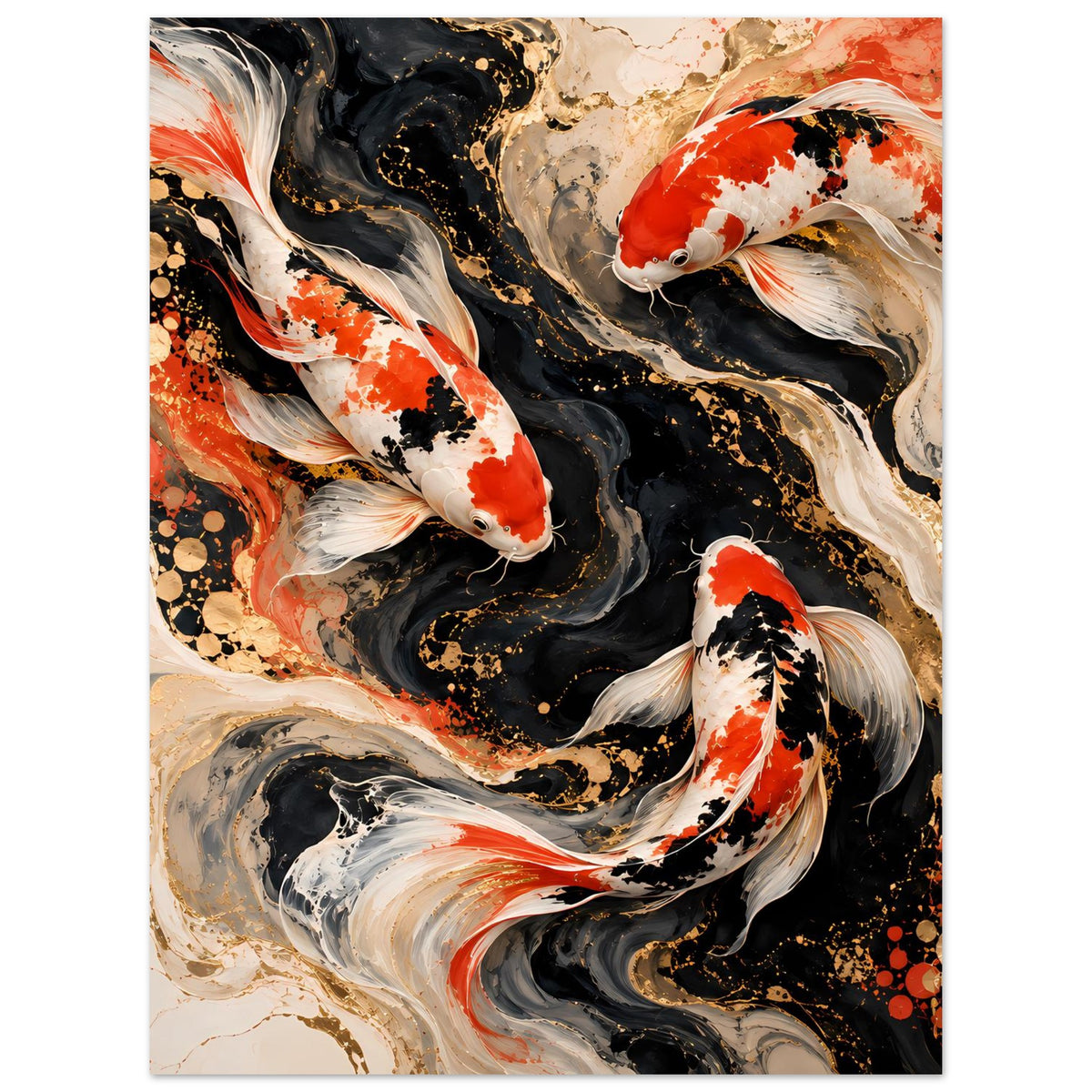 Kunstposter, hochformat: Koi-Fische in Orange-Weiß auf dunklem Strudel mit goldenen Tupfen