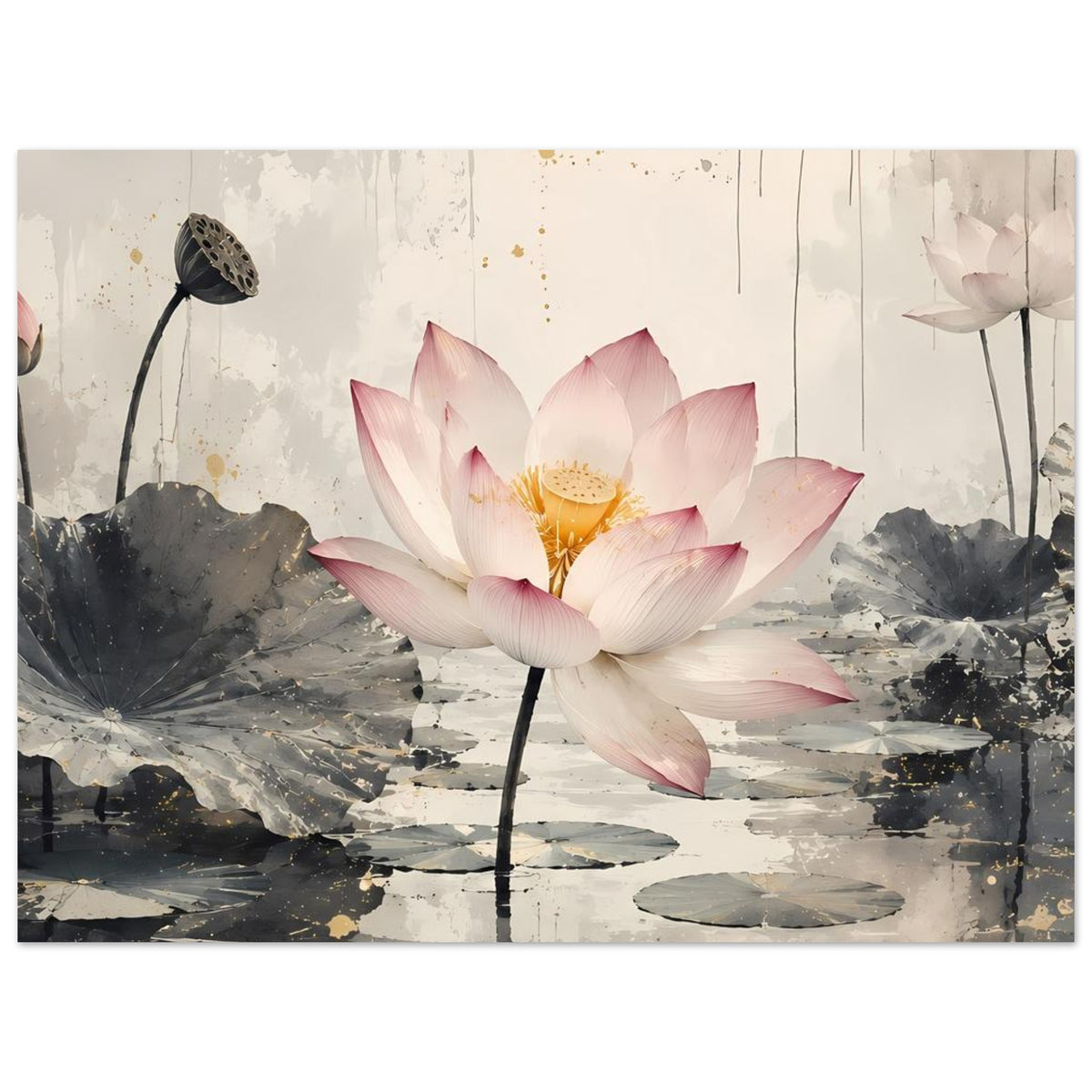 Zen-Poster mit großem rosa Lotus im Vordergrund und abstraktem grauem Seerosenteich