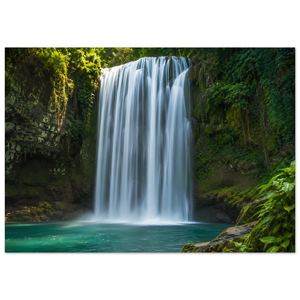 Wandposter: breiter Wasserfall, dichtes Grün und türkisfarbenes Wasser