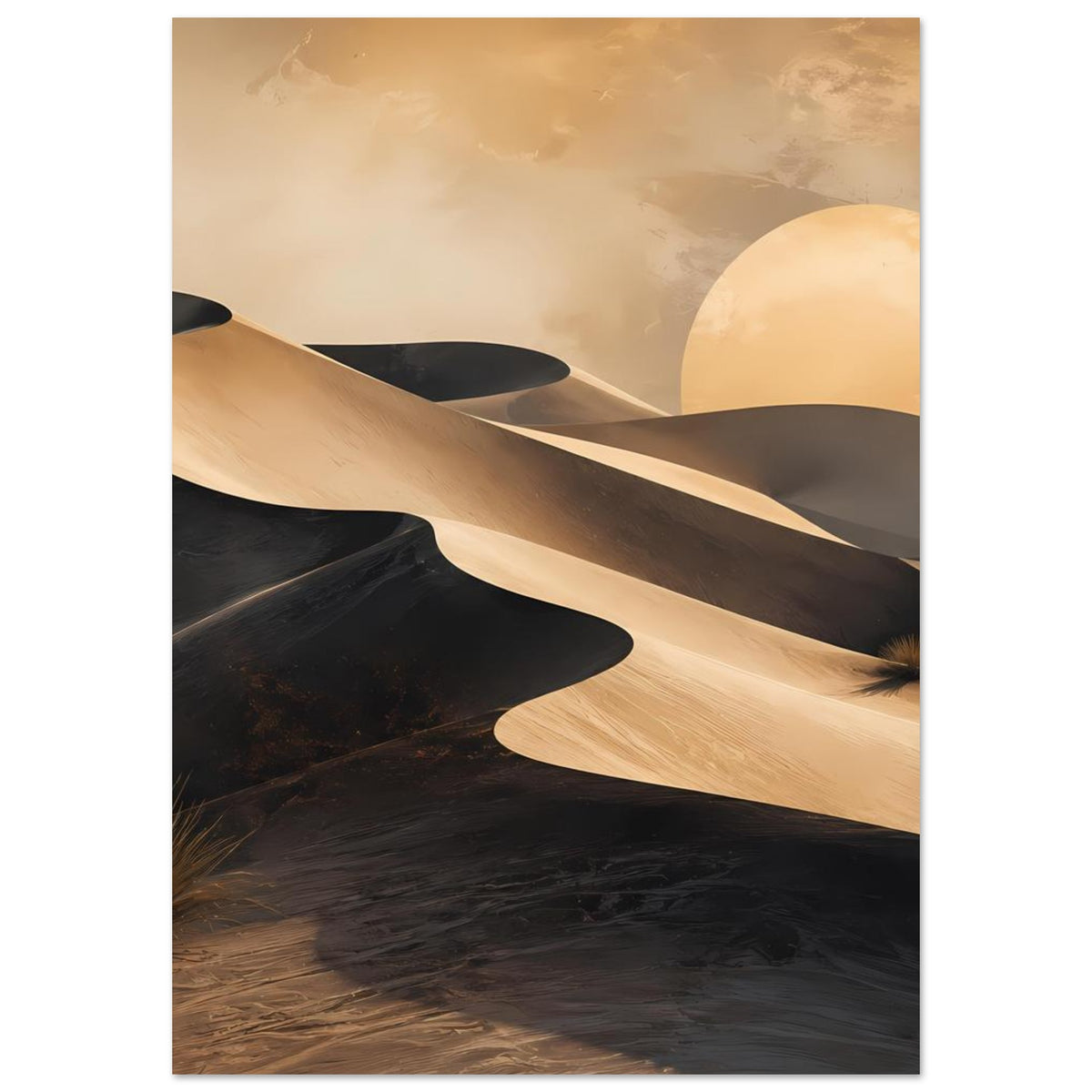 Wüstenposter im Hochformat: goldene Dünen mit hellem Mond über dunklen Farbbereichen