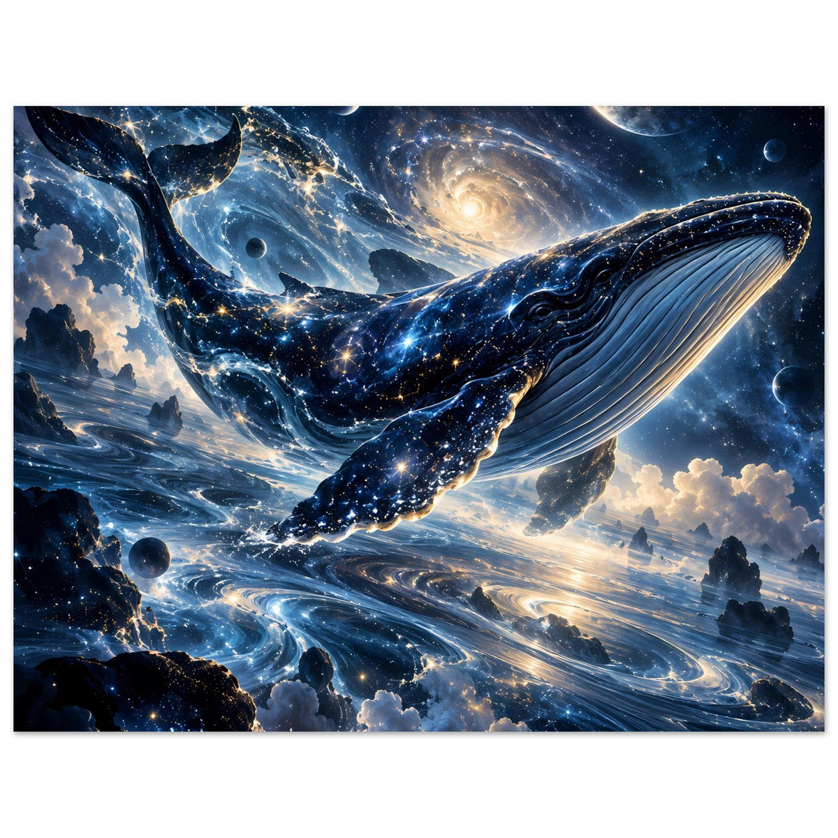 Kosmisches Fantasy-Poster im Querformat: Wal mit blauen Sternen, Monde und Spiralgalaxie