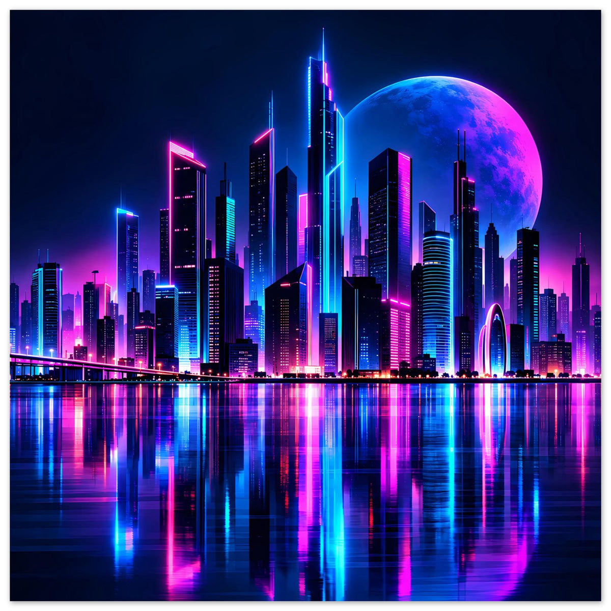 Neon-Stadtmotiv-Poster: futuristische Skyline mit Neonfarben, blauer Mondscheibe und Lichtreflexen