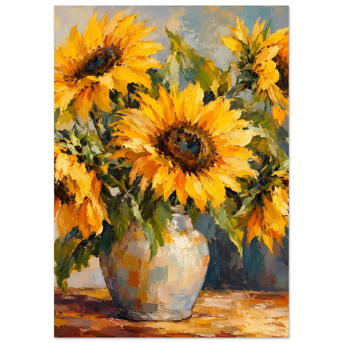 Stillleben-Poster mit großen gelben Sonnenblumen, zentraler Blick auf Vase und dunkle Blütenmitten