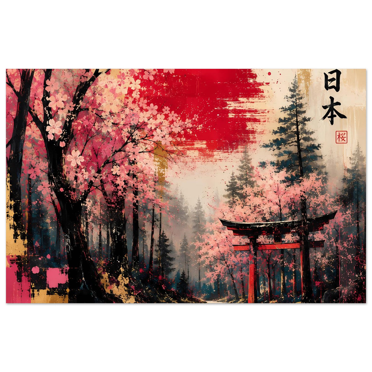 Poster mit japanischem Torii und Kirschblüten, rote und rosafarbene Farbflächen im Hintergrund