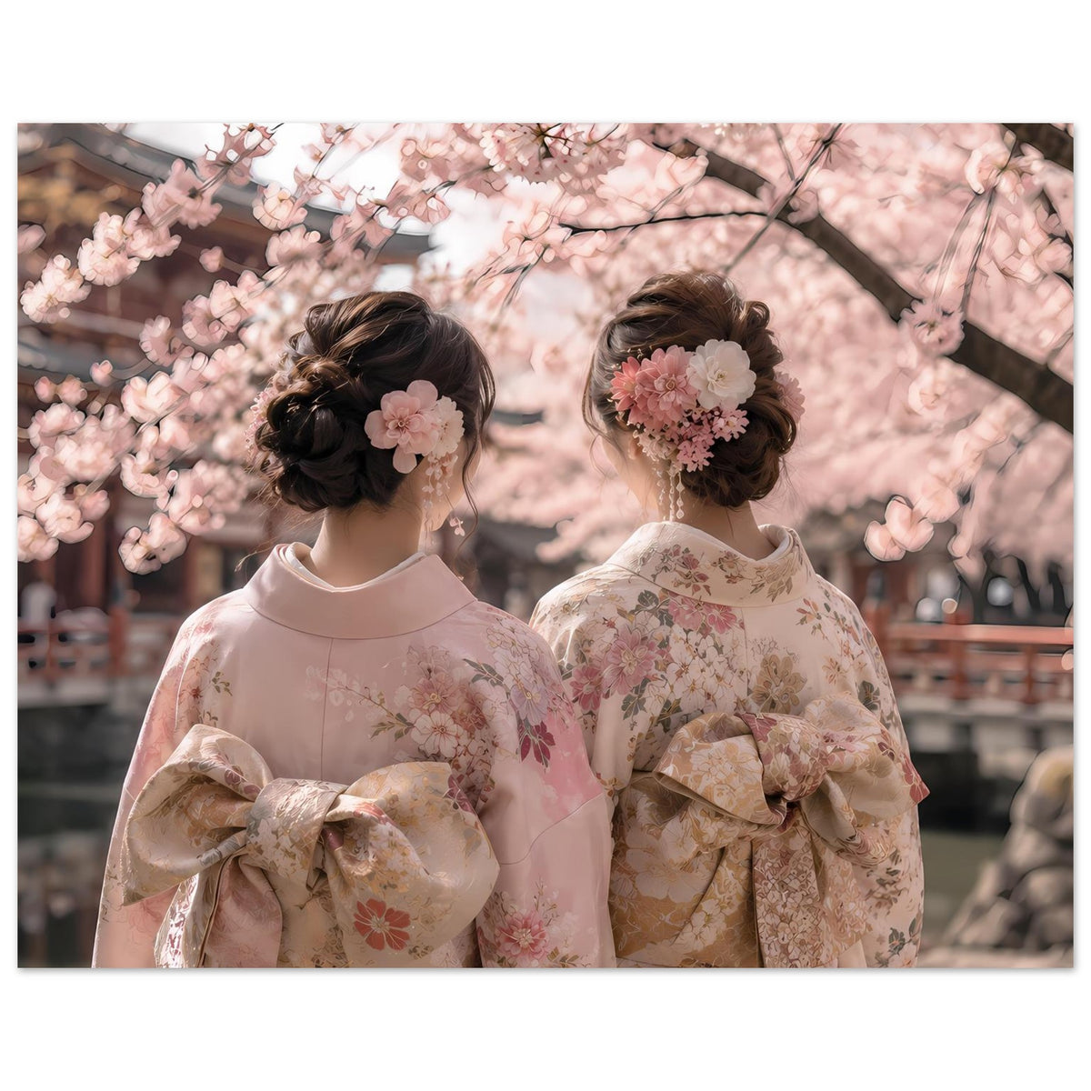 Poster: zwei Personen in hellen Kimonos mit Blumenmuster, Kirschblüten zwischen Ästen