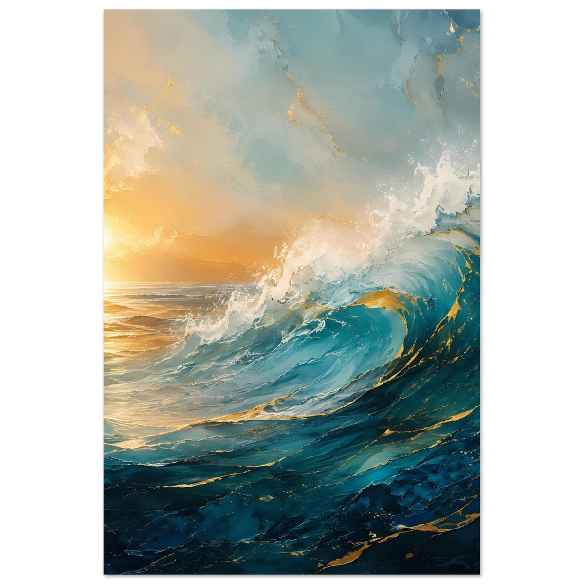 Hochformat-Poster mit Sonnenuntergang über dem Meer und Wellen, türkis-blau