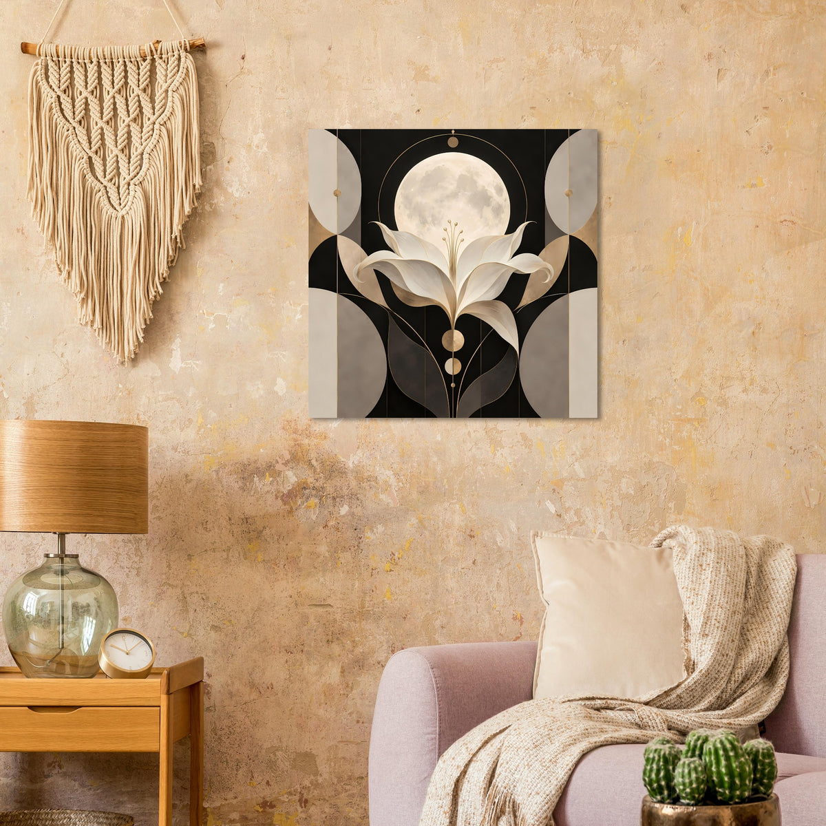 Vertikales Art-déco-Poster mit Mond und Lilie in Gold und Creme