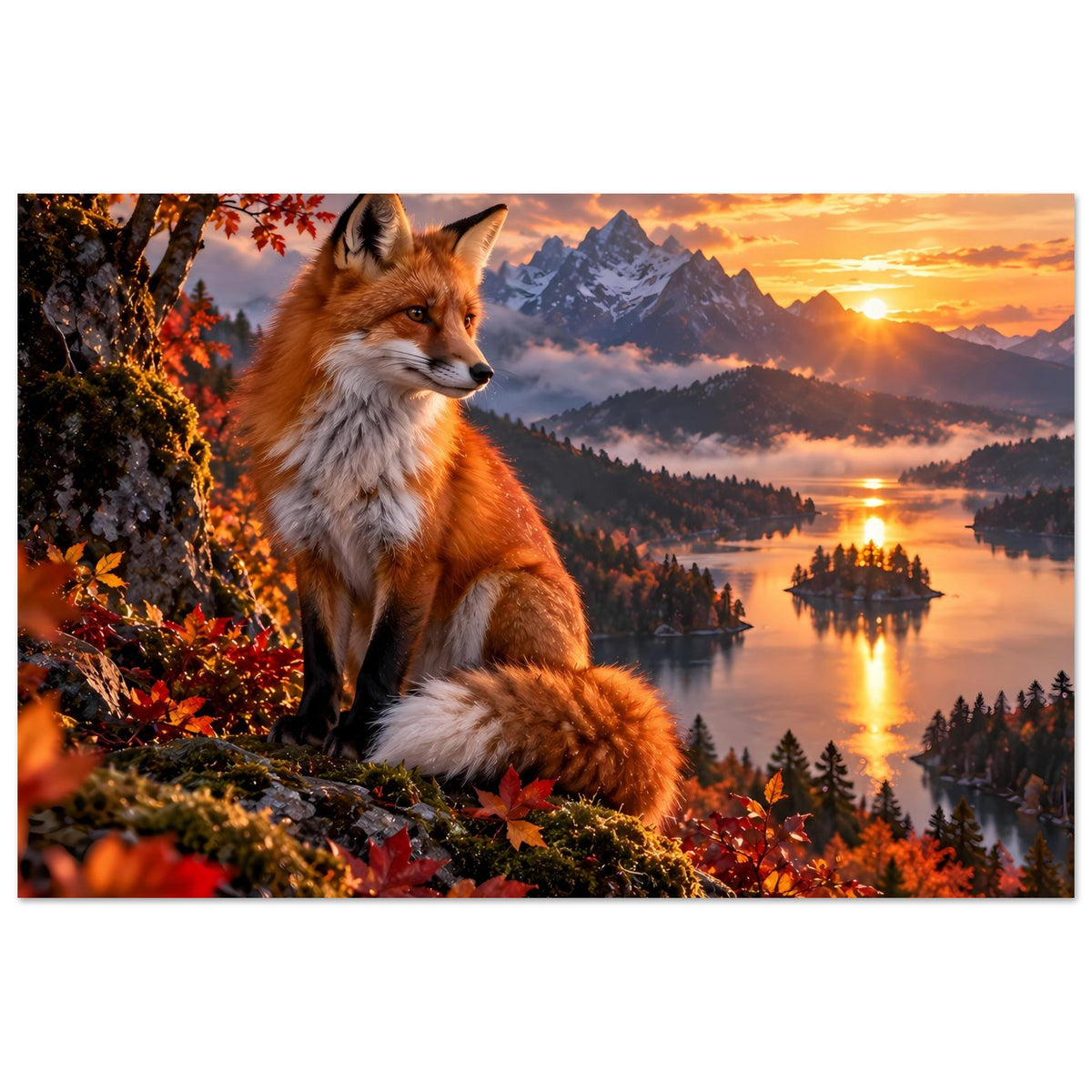 Herbst-Wildnisposter mit rotem Fuchs, Herbstlaub, Berge und See bei Sonnenuntergang