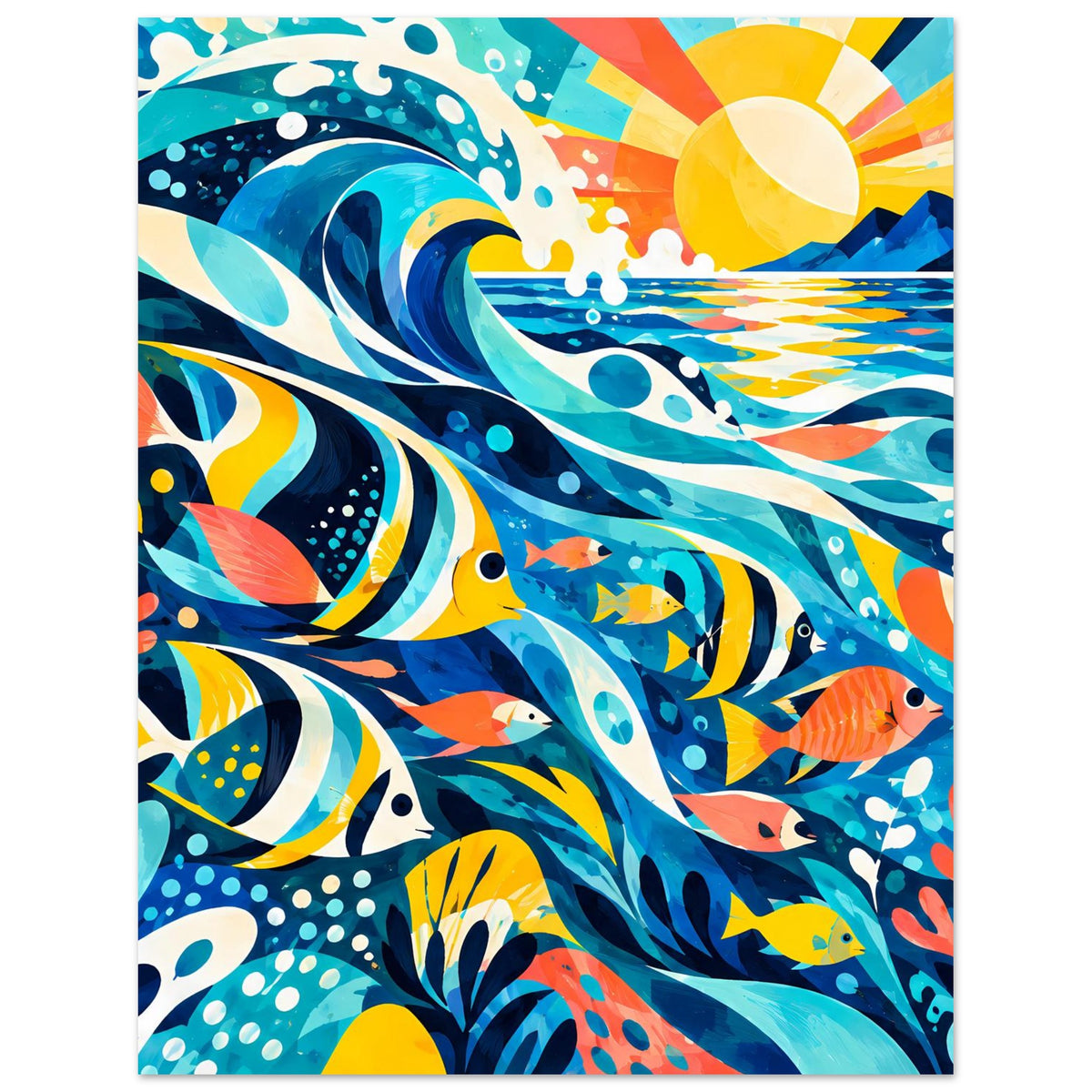 Poster im Hochformat mit Meerwellen und bunten Fischen, Strahlen-Sonne oben, Korallenformen