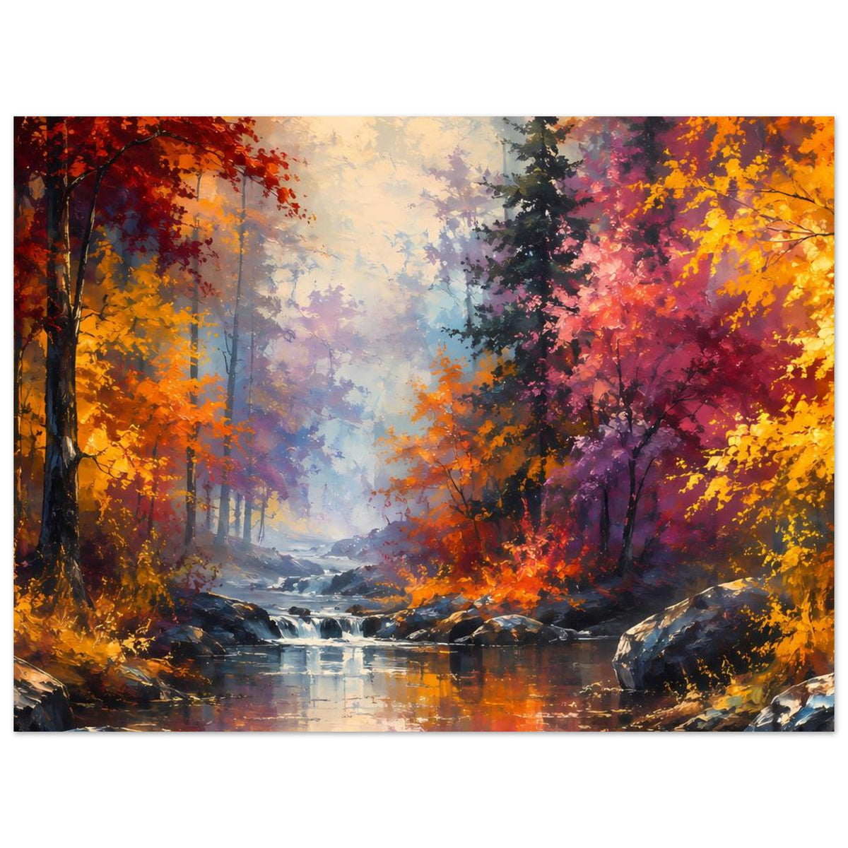 Panorama-Poster: Herbstbäume am Flussufer, leuchtende Farben von Orange bis Violett.
