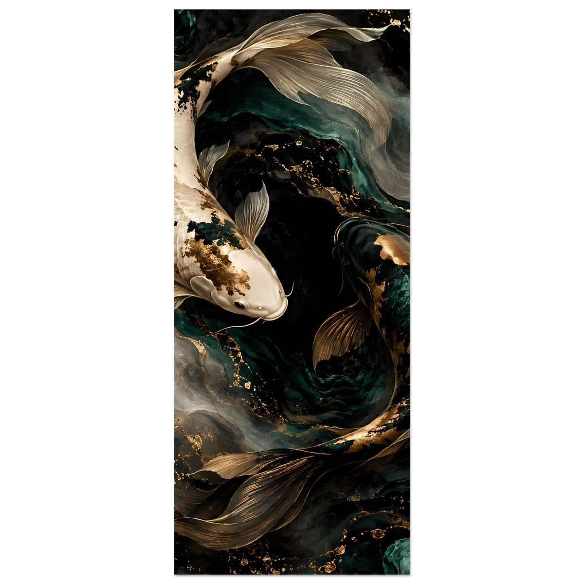 Koi-Fisch Kunstposter, schmal hochformat: weißer Koi links, türkis-goldene Akzente, Wirbel