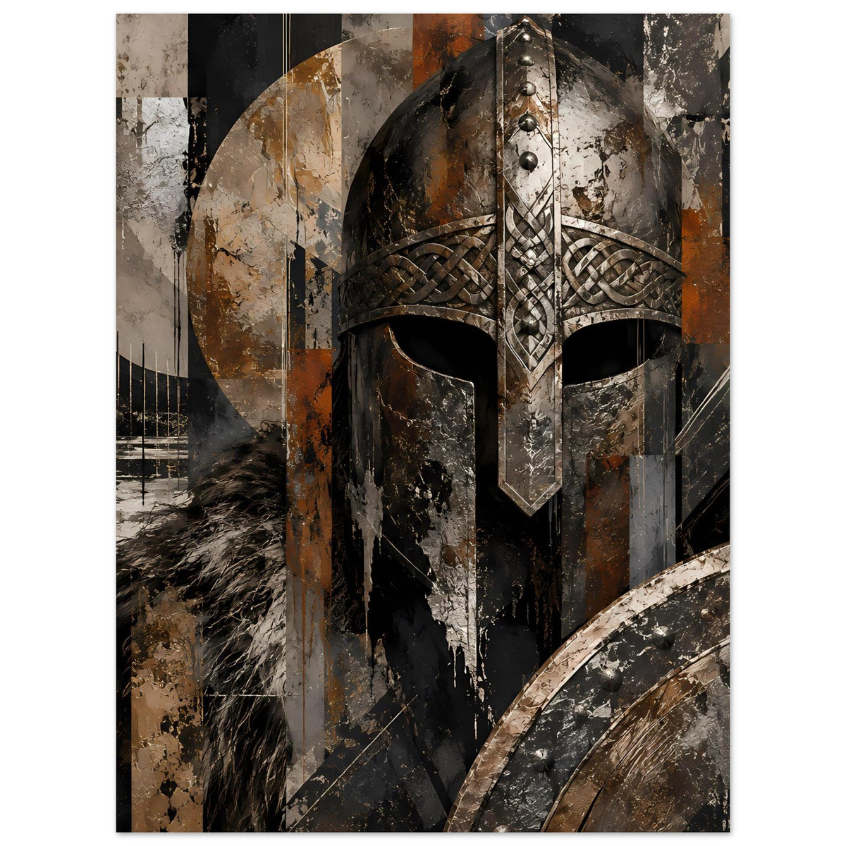 Wikingersoldaten-Poster: Helm mit Runenmuster, erdige Braun-, Grau- und Schwarztöne