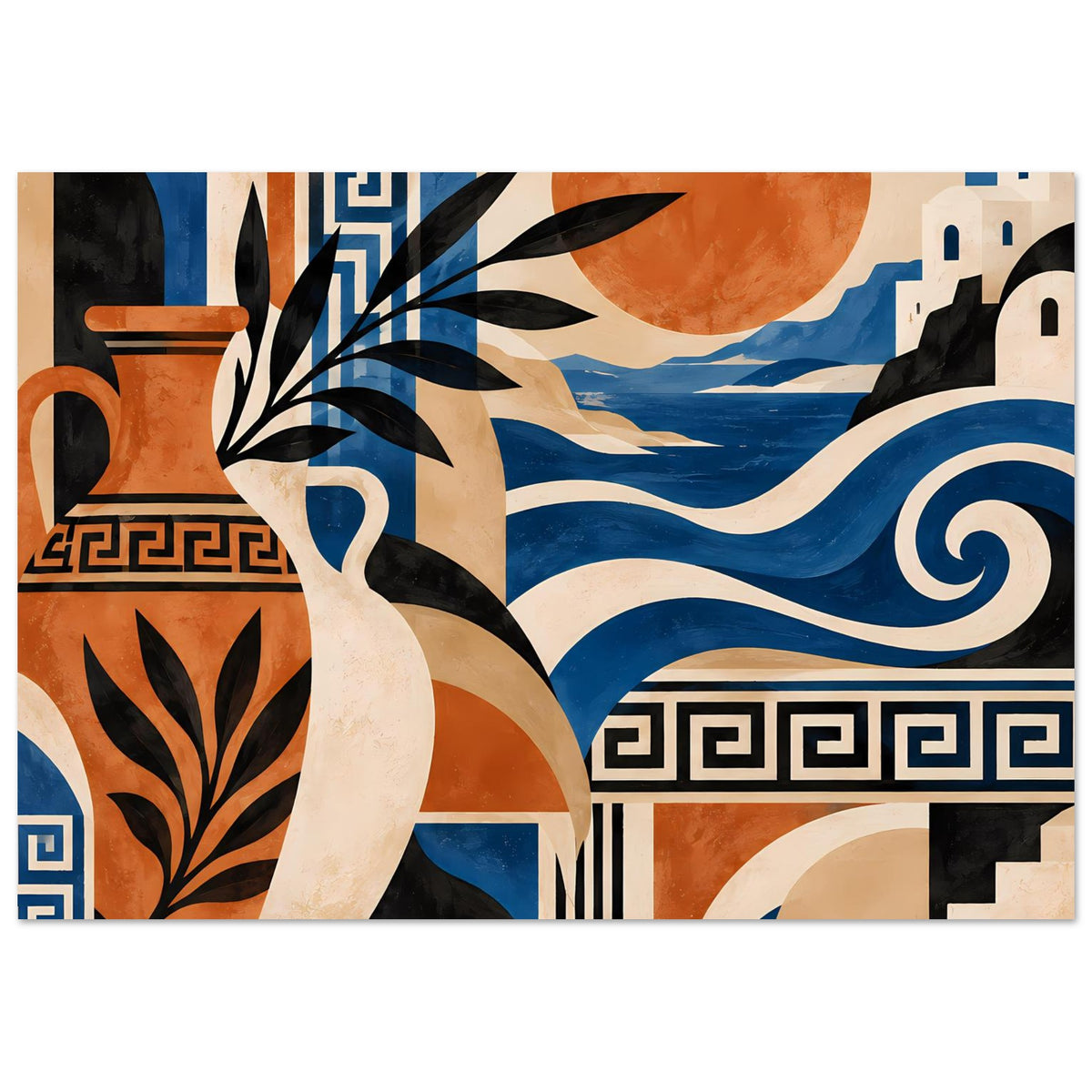 Kunstposter im Querformat mit Sonne, Meerwellen, Frauenfigur und griechischen Ornamenten