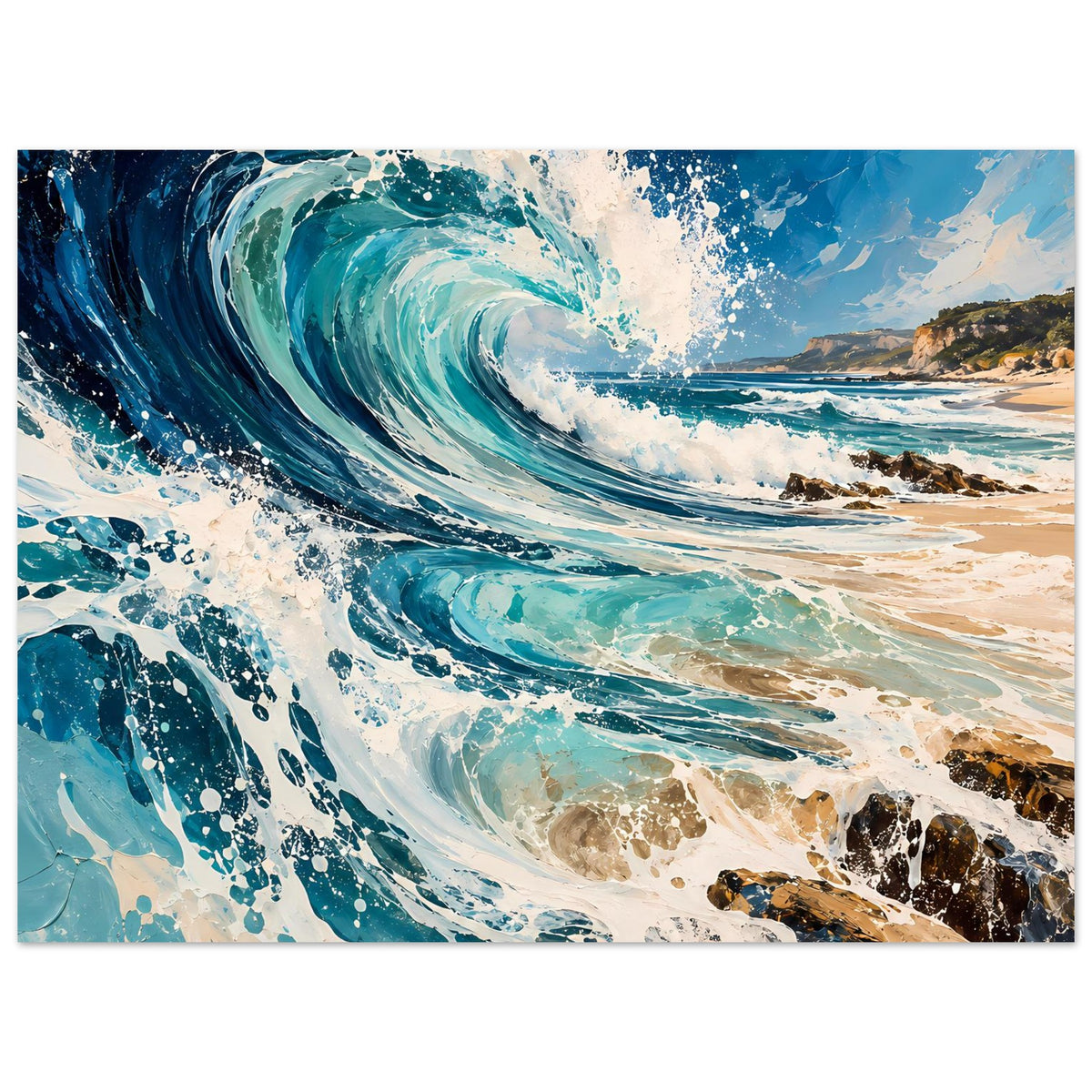 Meerwellen-Poster: kräftige Welle in Blau und Türkis, sprühende Gischt und Felsen
