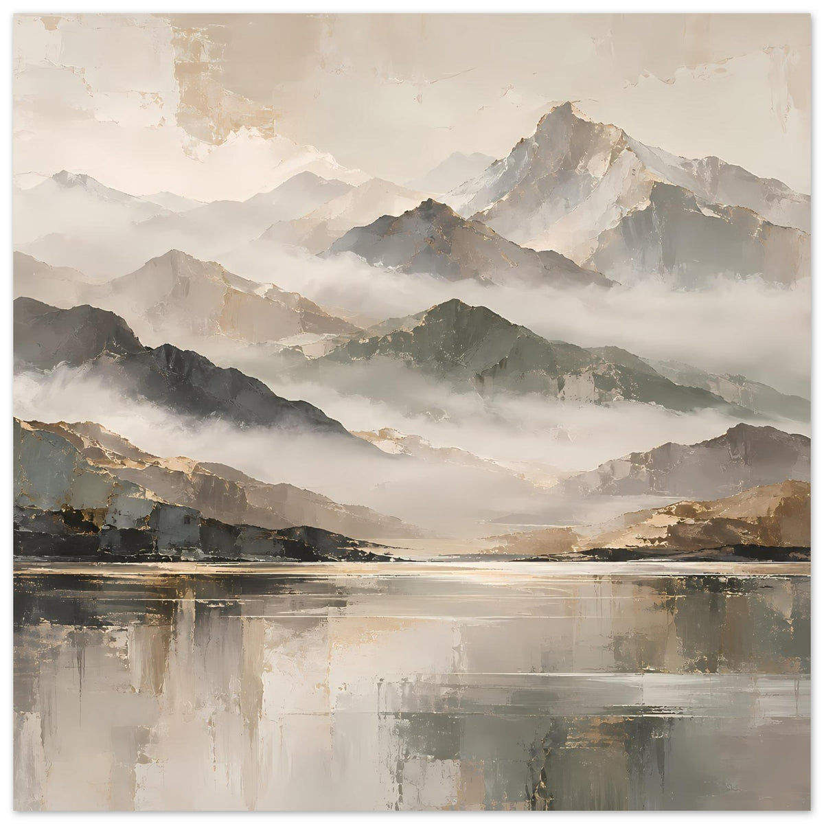 Naturposter im Querformat: mächtige Berge, Nebel und goldene Akzente am Wasser