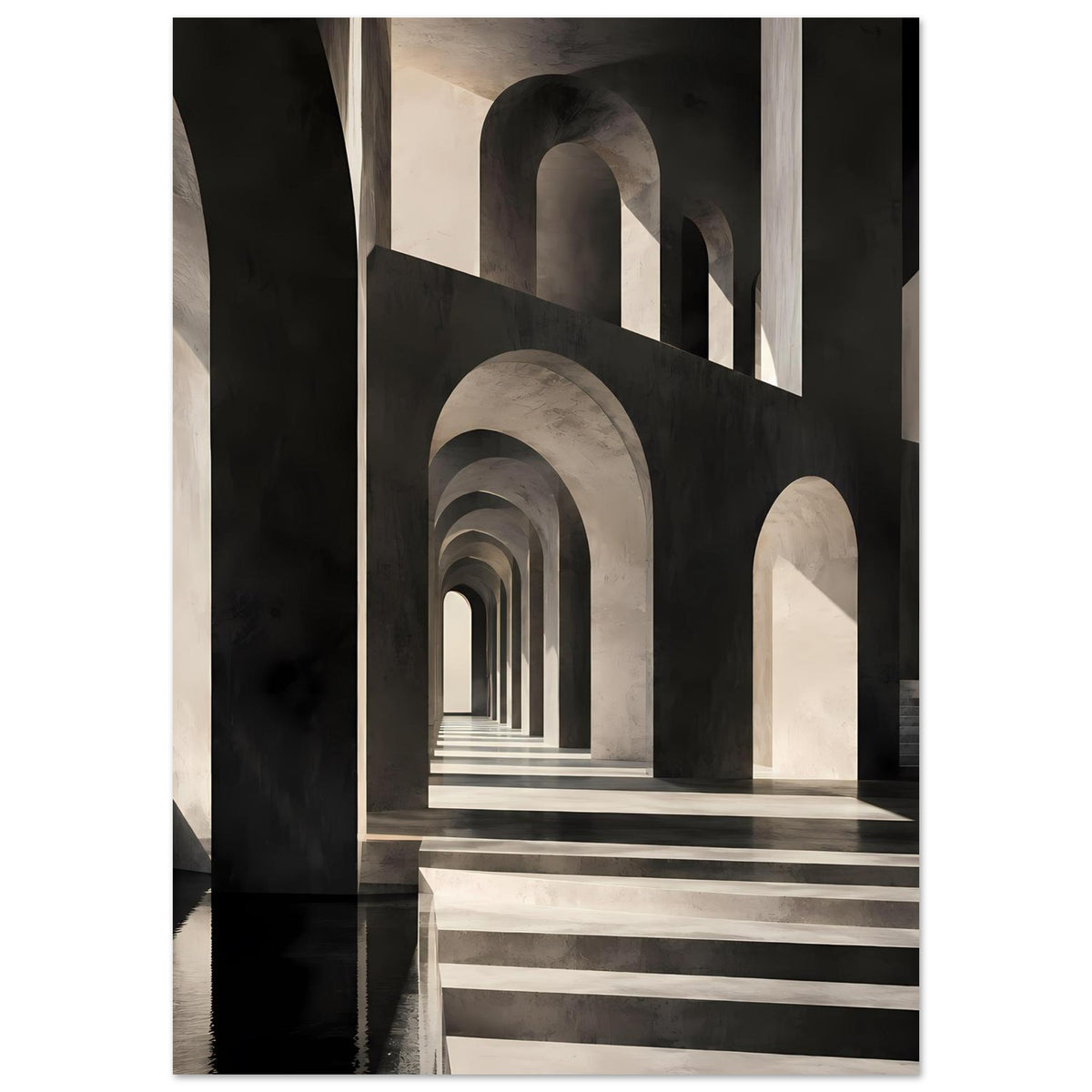 Architekturposter im Hochformat: Tunnel aus Rundbögen, Schwarz-Weiß-Kontrast