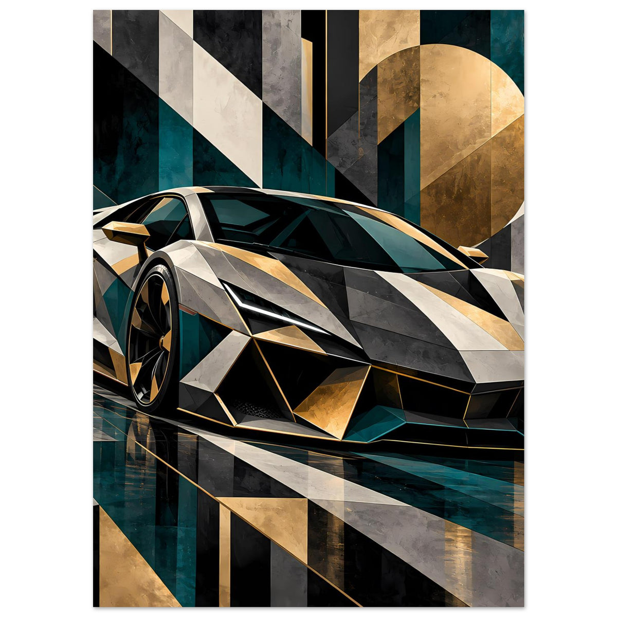 Autoposter mit Sportwagen-Illustration, silber-schwarz und goldene Linien, petrolfarbene Flächen