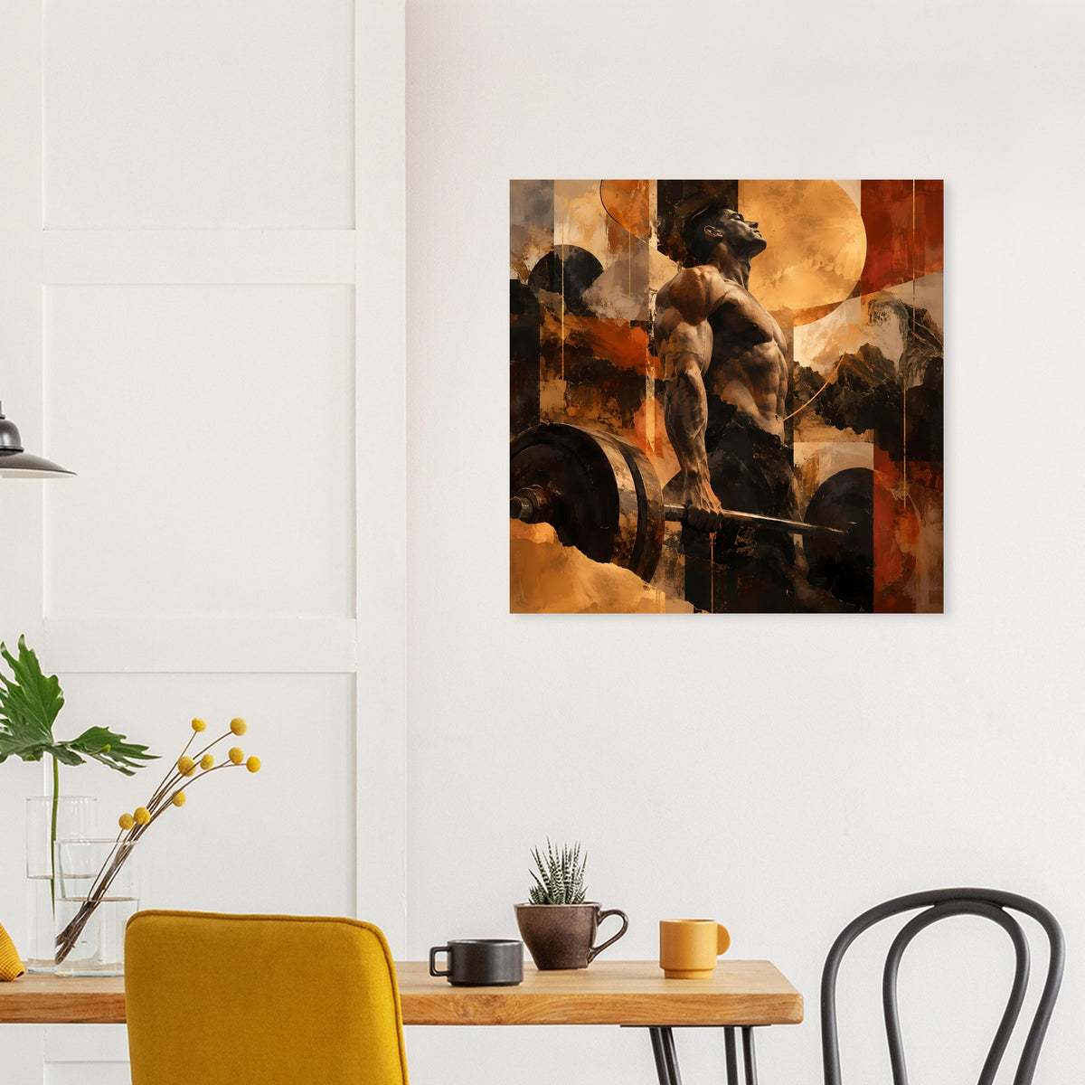 Fitnesskunst-Poster mit Hantel-Figur, orange-braune Farbflächen und dunkle Schatten