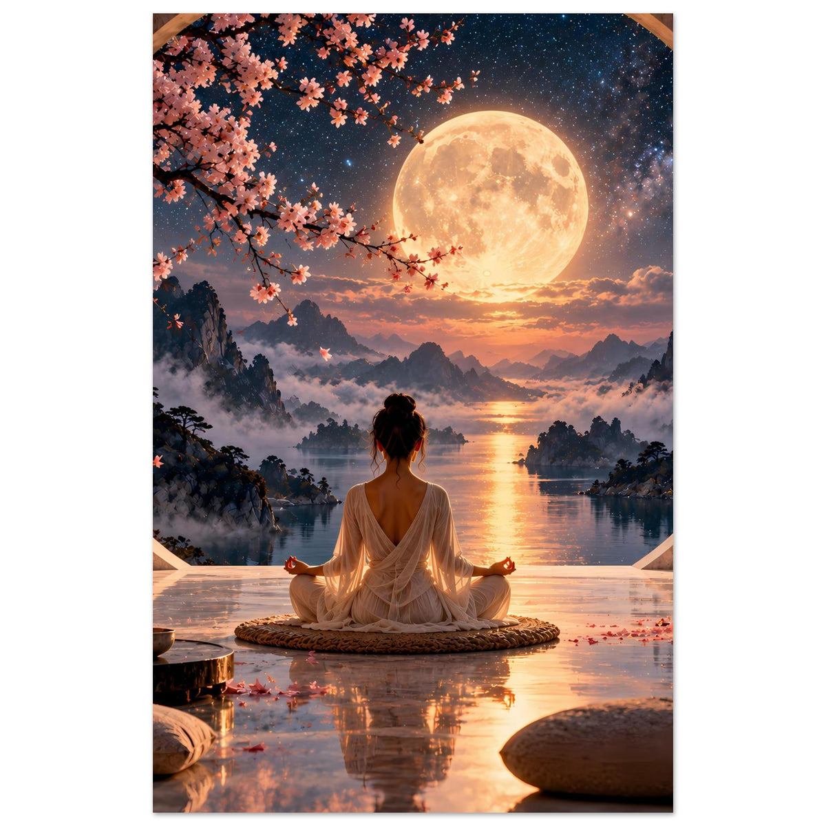 Hochformatiges Meditationsposter: sitzende Person, Vollmond am Sternenhimmel über Bergsee