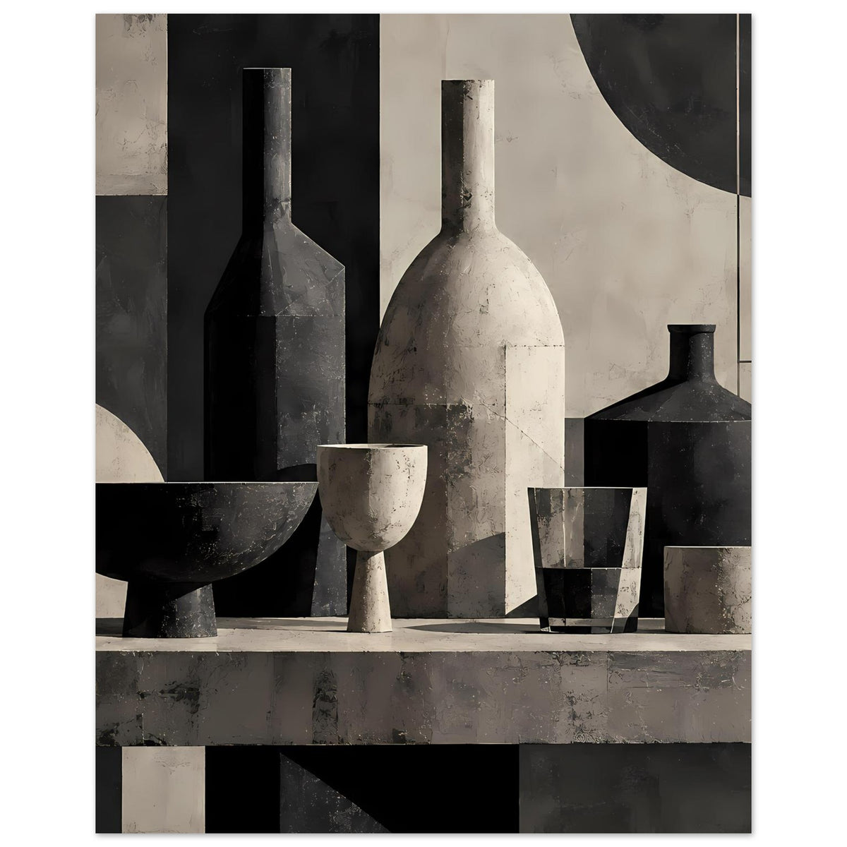 Poster, monochrome Stillleben-Grafik: mehrere Flaschen, Schalen und Becher in Schwarz/Weiß