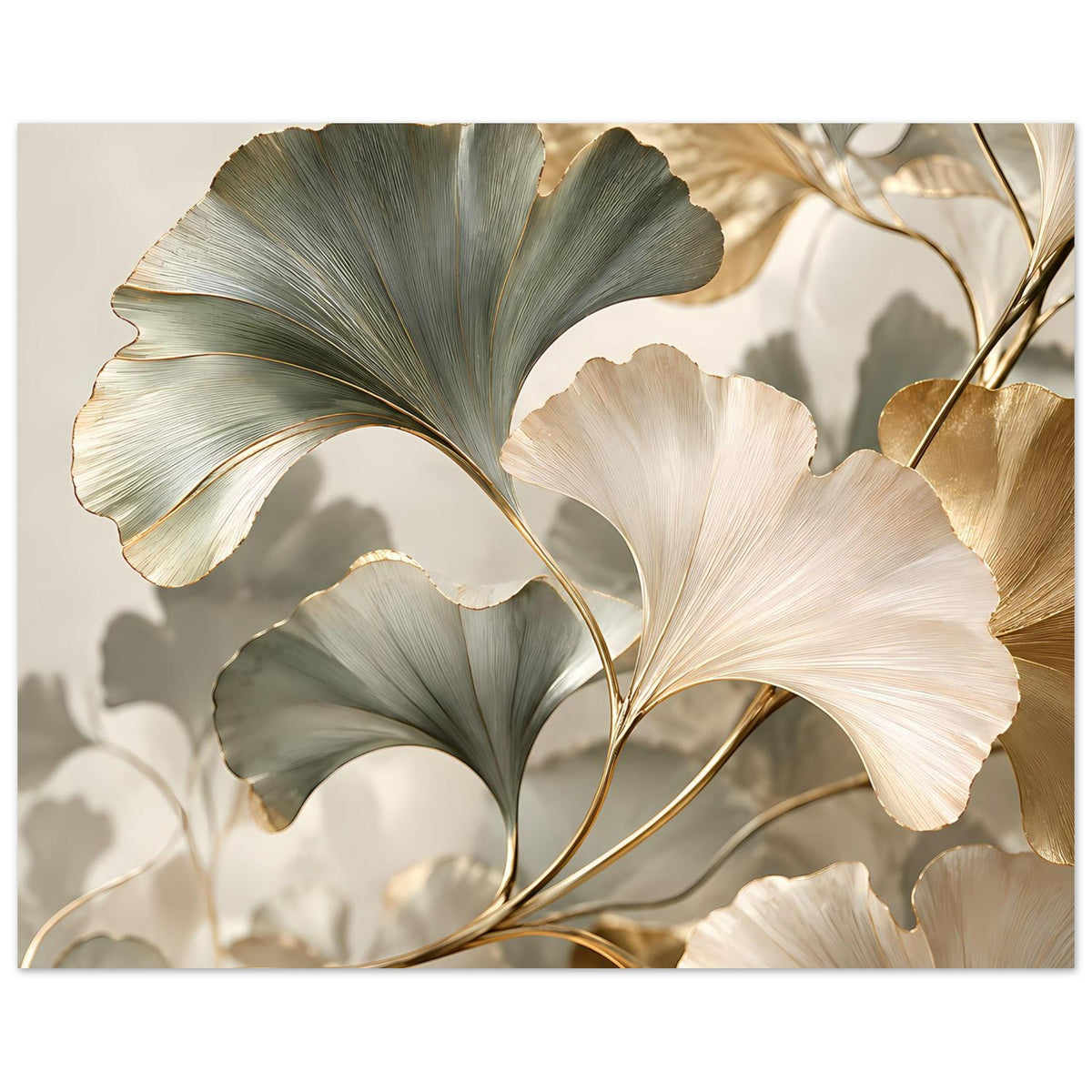 Poster mit Ginkgo-Blättern in Grün, Creme und Gold; mehrere Blätter in feinen Adern