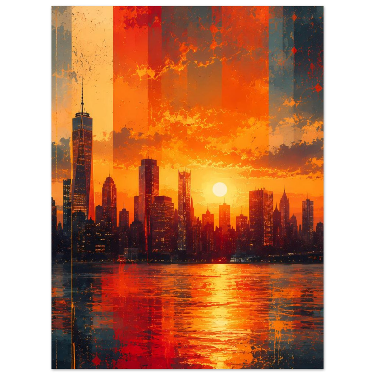 Poster im Hochformat mit Skyline bei Sonnenuntergang, orangefarbener Himmel und Wasserreflexion