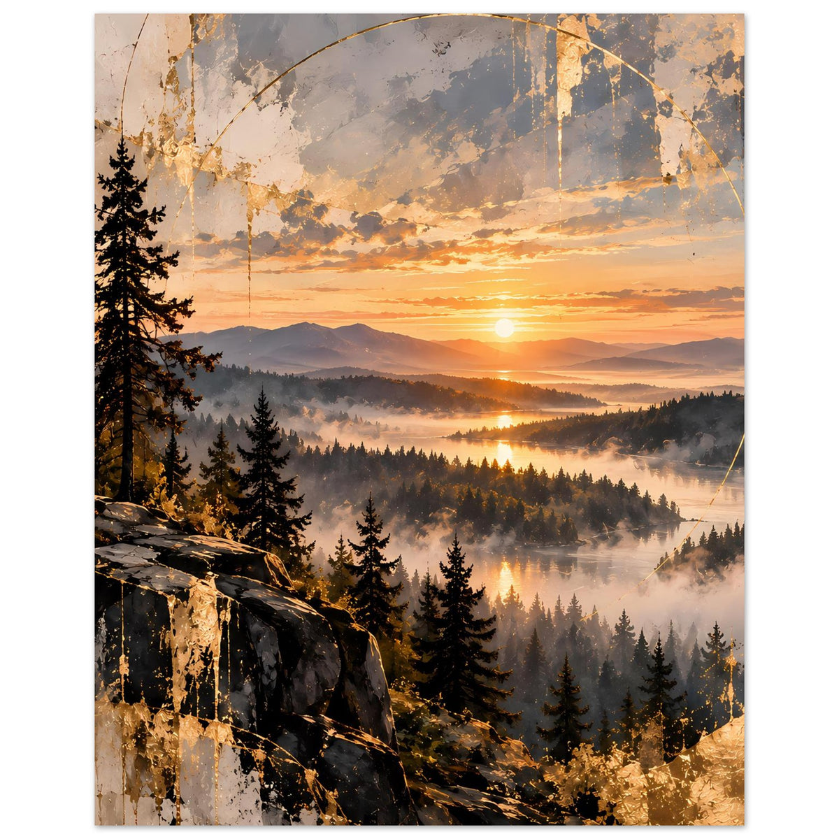 Landschaftsposter mit Sonnenuntergang, Nebelschwaden im Tal und Tannenwald, warme Goldtöne