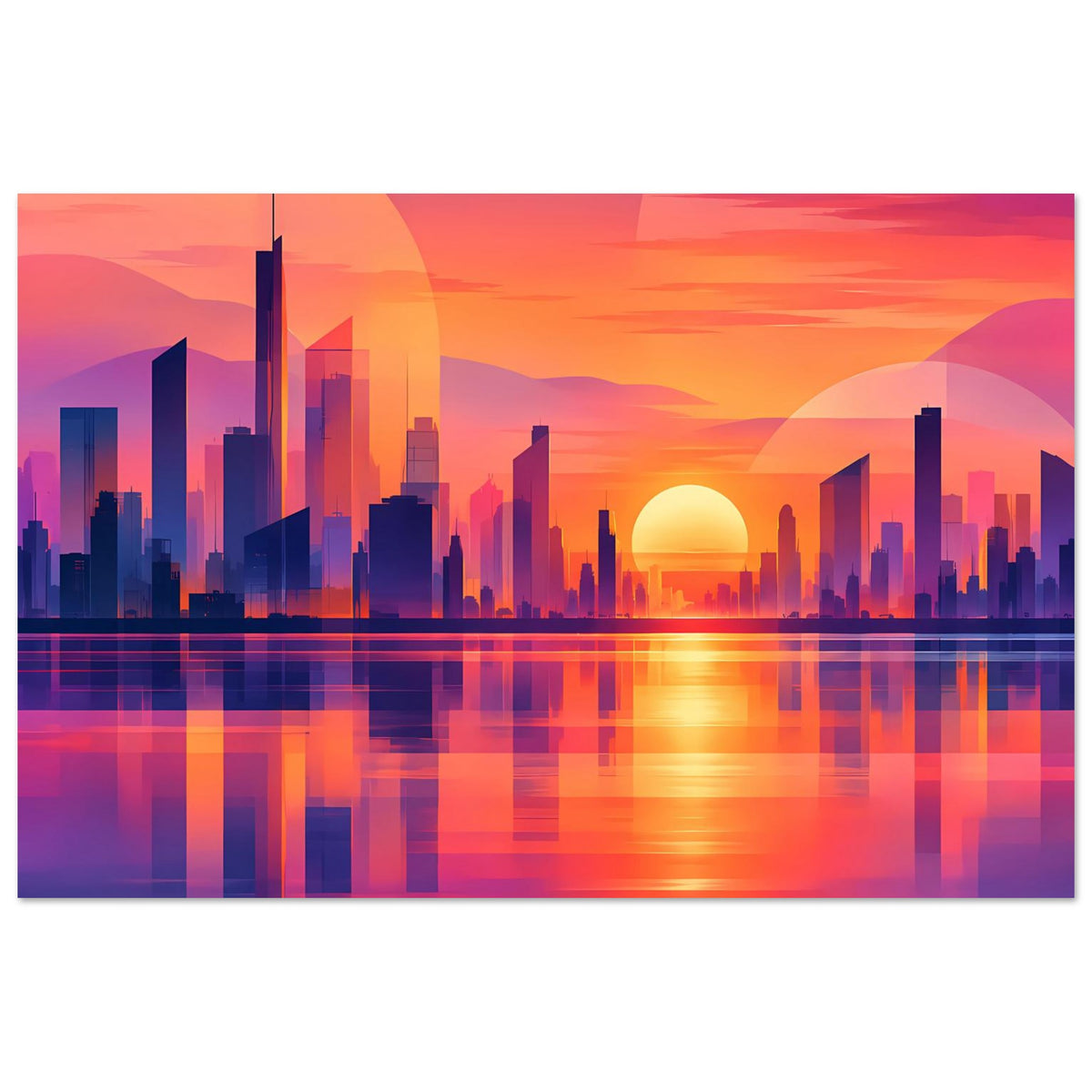 Stadtposter im Querformat mit leuchtenden Hochhäusern, Sonne im Zentrum und Spiegelung