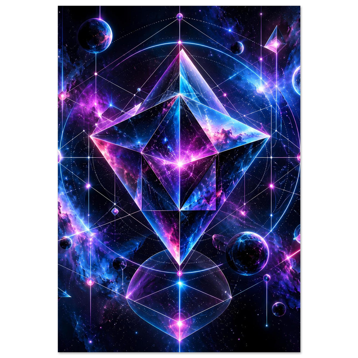 Hochformat-Poster mit kosmischer Geometrie: geometrischer Diamantstern, Planetenkugeln und Strahlen