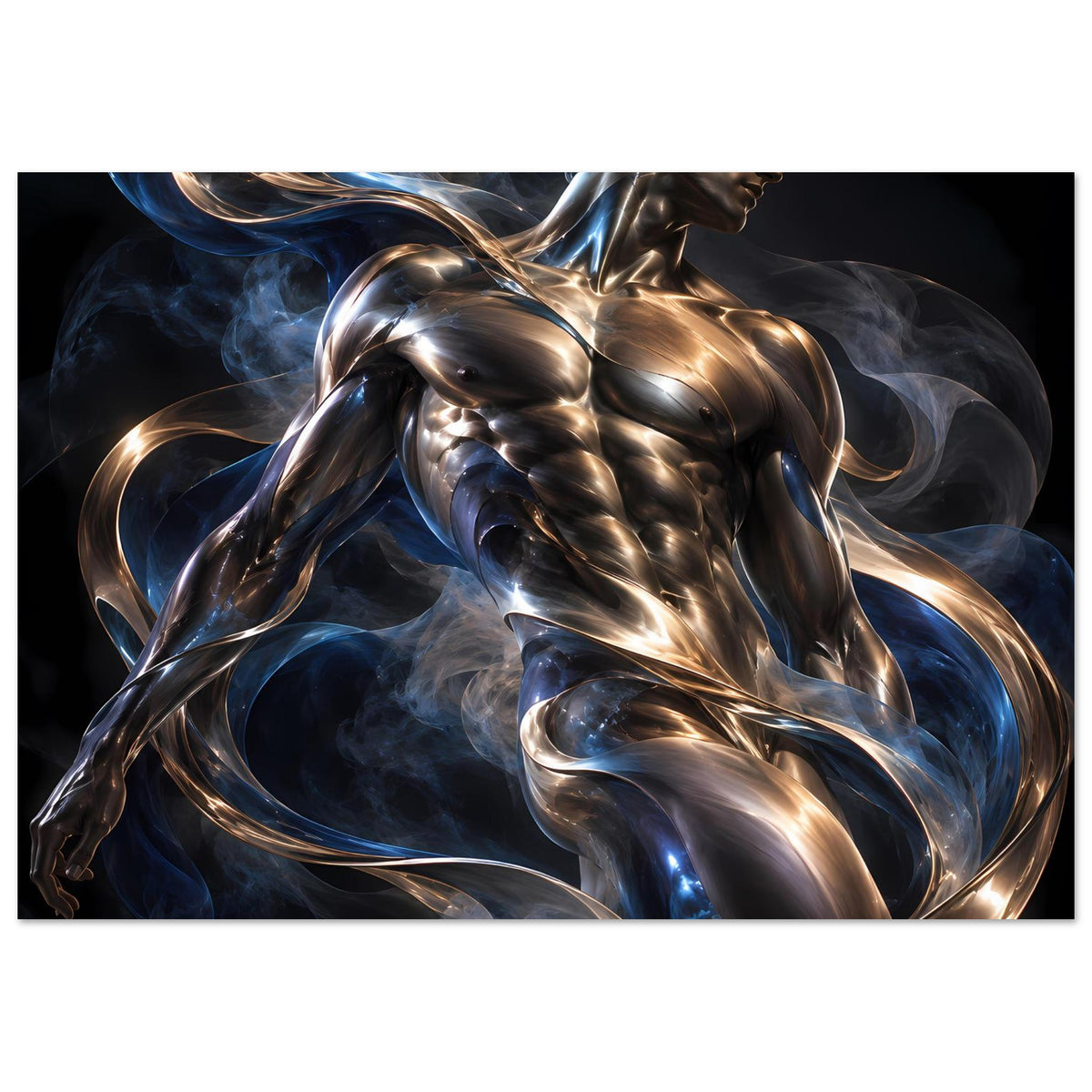 Horizontales Kunstposter mit gold-silberner Frauenfigur und Rauchspiralen