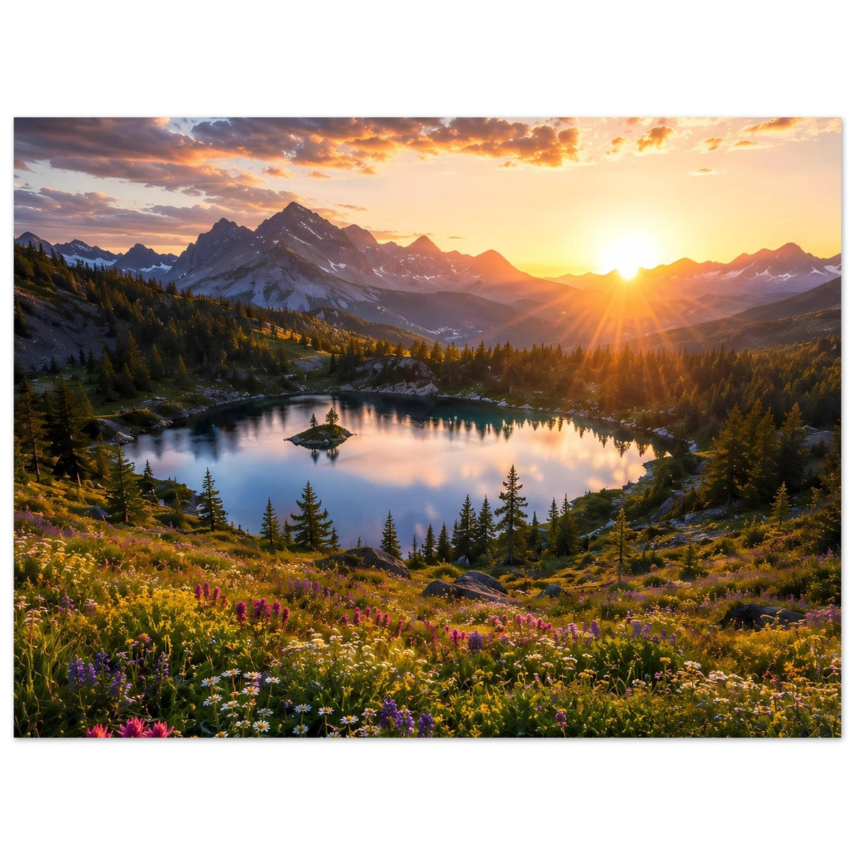 Horizontales Poster mit goldenem Himmel über Bergsee, Berge, Wald und Blumen.