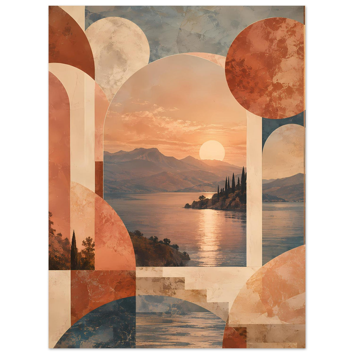 Abstraktes Poster im Hochformat: warme Landschaft mit Sonne, See, Bergen und Kreisformen