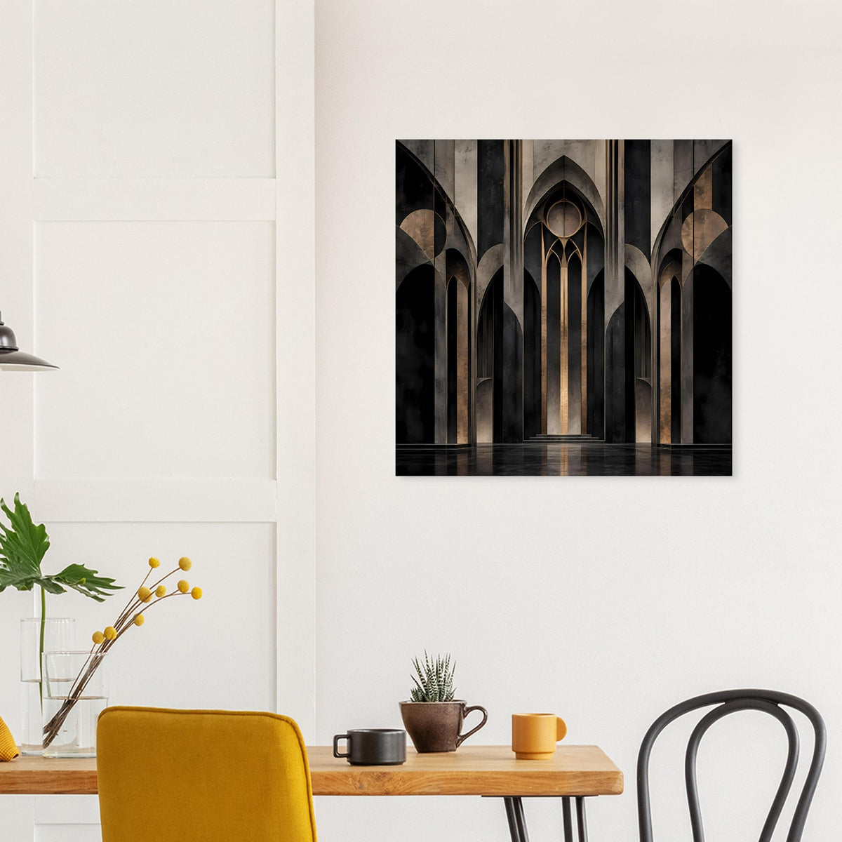 Posteransicht mit dunkler gotischer Architektur und symmetrischer Säulenreihe