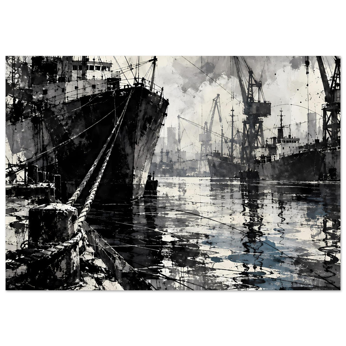 Maritimes Poster mit Schiff am Kai, Hafenkränen und Wasserreflexionen, Schwarzblau