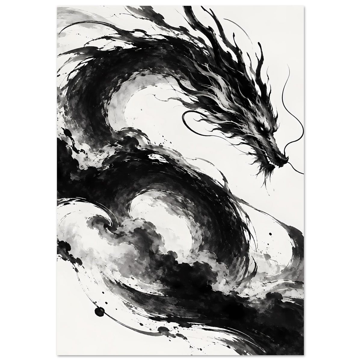 Drachenkunst-Poster im Schwarz-Weiß, vertikal: Drache mit langen Krallen und Sprühoptik
