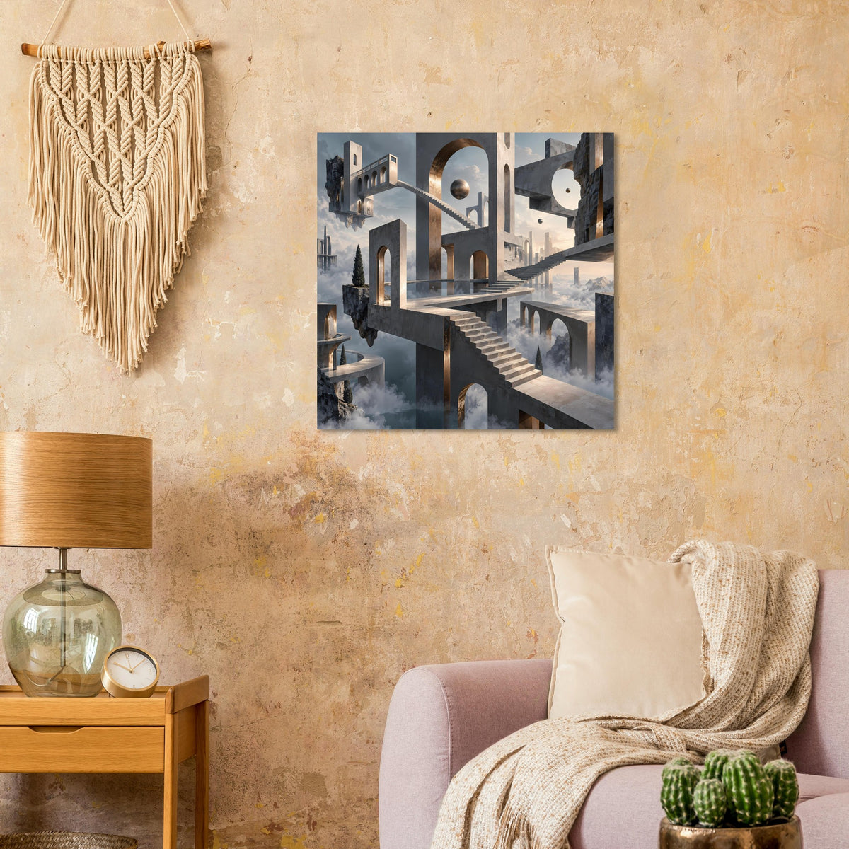 Architekturposter: diagonale Treppe und gewölbte Torbögen mit goldenen Akzenten