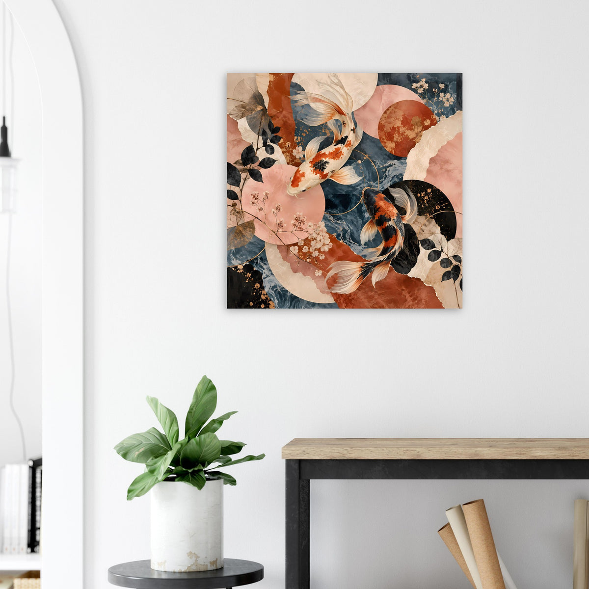 Gerahmtes Koi-Fische-Poster, kräftige Koi-Formen in Terrakotta und Dunkelblau, quadratisch