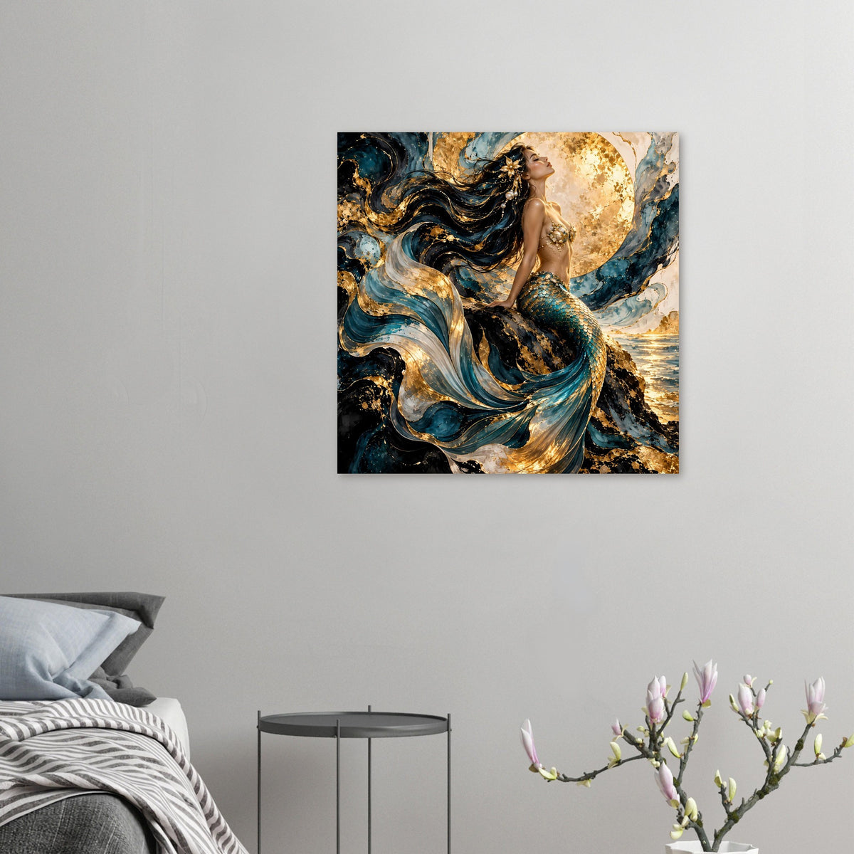 Kleines Wandposter mit Meerjungfrau in Türkis und Gold, goldene Scheibe