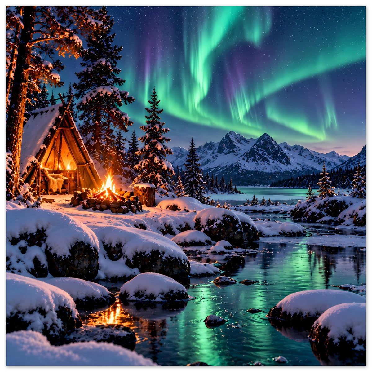 Quadratisches Winter-Landschafts-Poster mit Polarlicht, verschneitem Fluss und Lagerfeuer