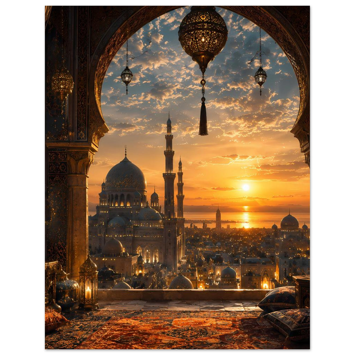 Wandposter im Hochformat mit Rundbogenblick: Moschee-Kuppel und Minarette im Abendlicht