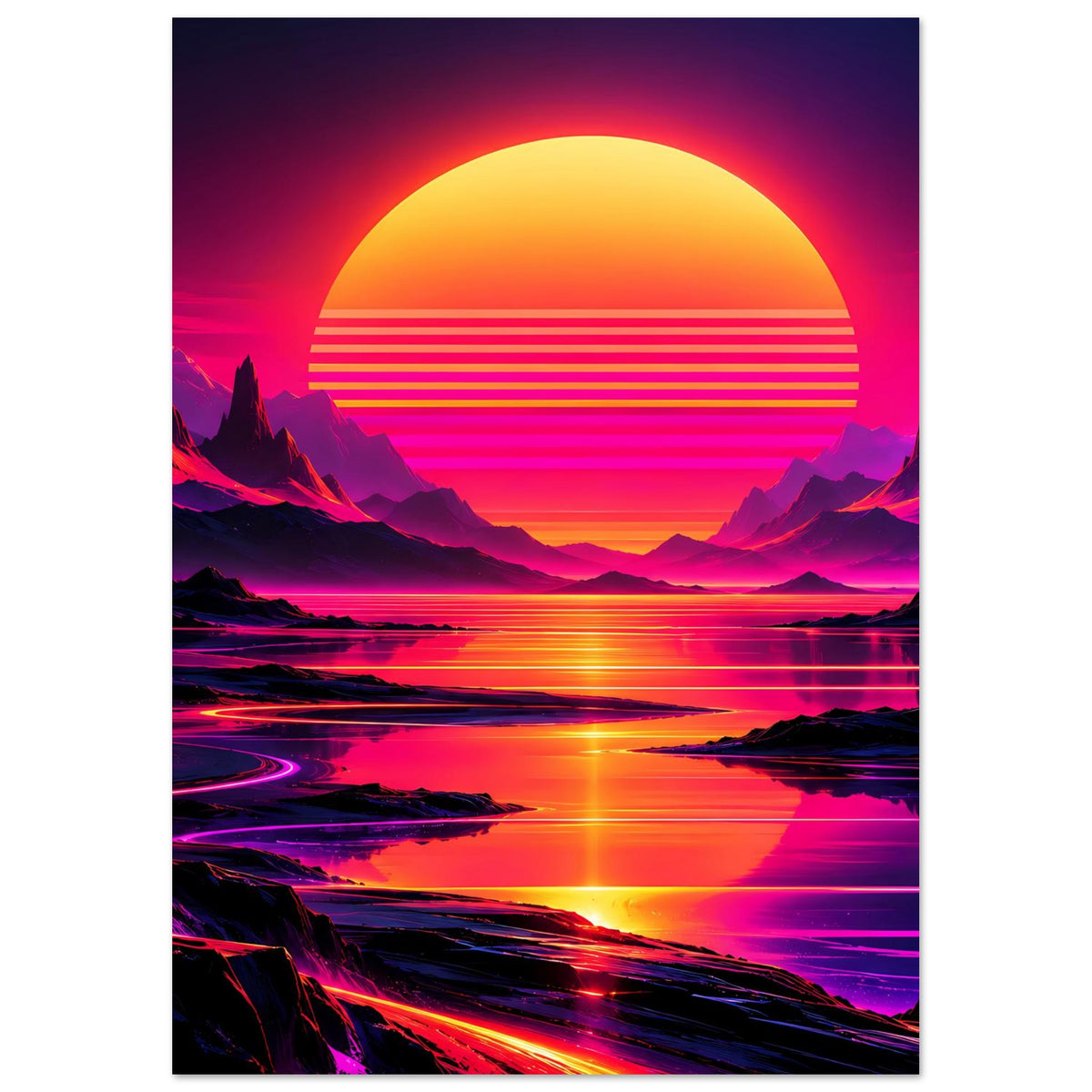 Neon-Poster im Hochformat mit gelber Sonne, Neon-Bergen und leuchtenden Wasserreflexen.