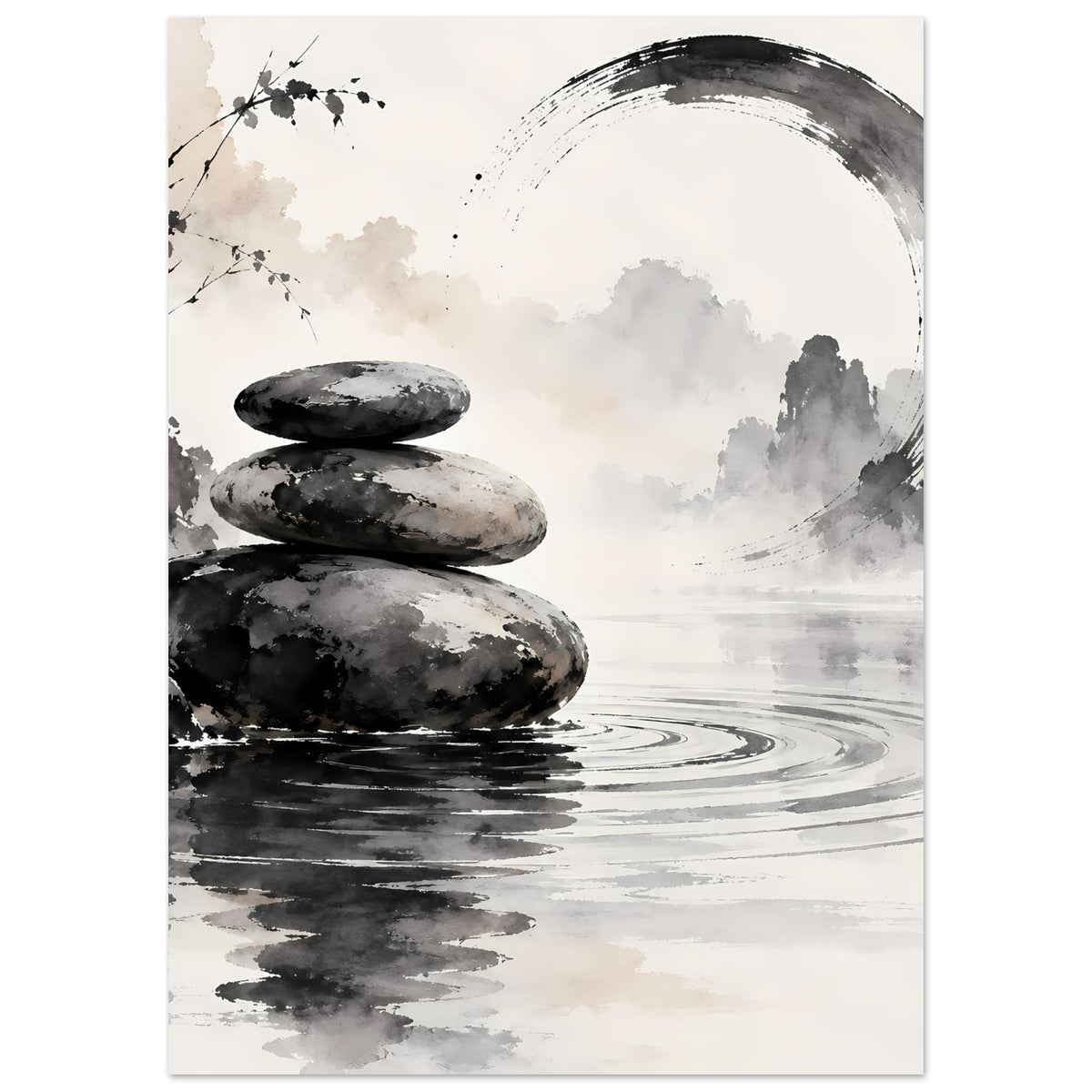 Schwarz-weißes Zen-Poster: drei Steine, Wasserlinien und Hauch von Landschaft links oben.