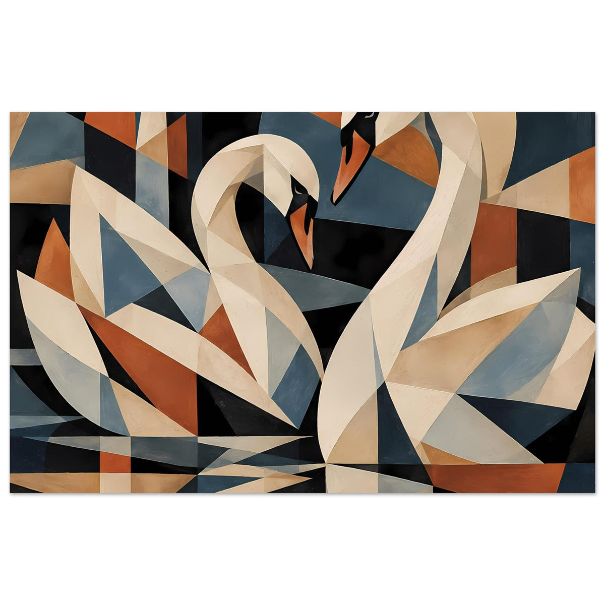 Kubistisches Schwanen-Poster mit geometrischen Formen in Blau, Braun, Beige und Schwarz