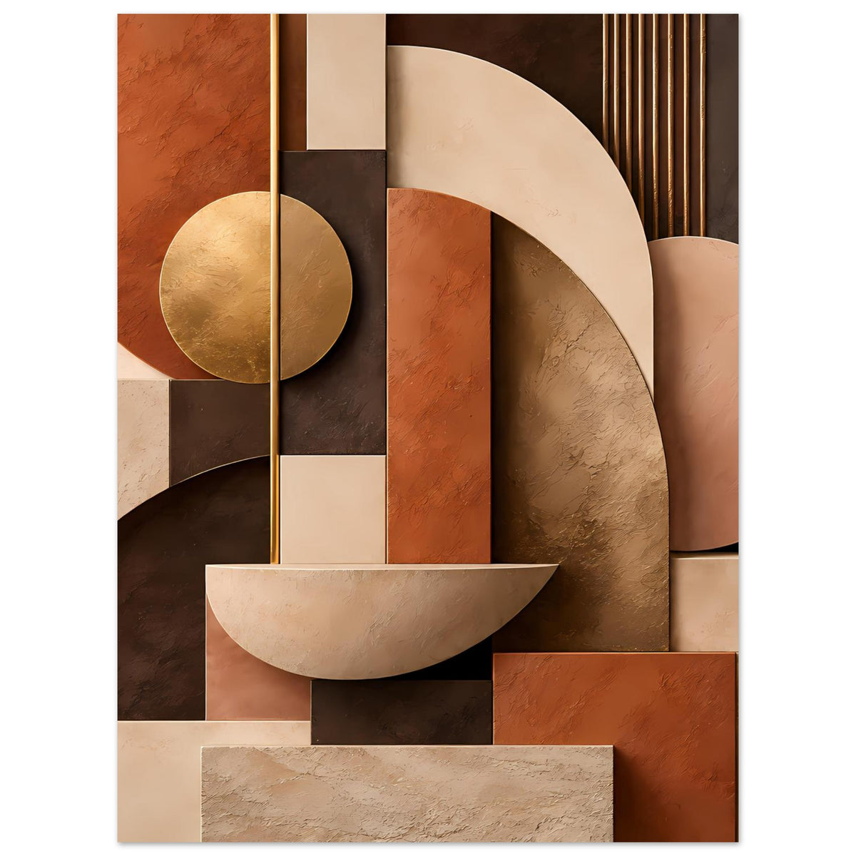 Kunstposter mit Halbkreis-Bögen, Goldkreis und Rechteckblöcken in Terrakotta und Beige