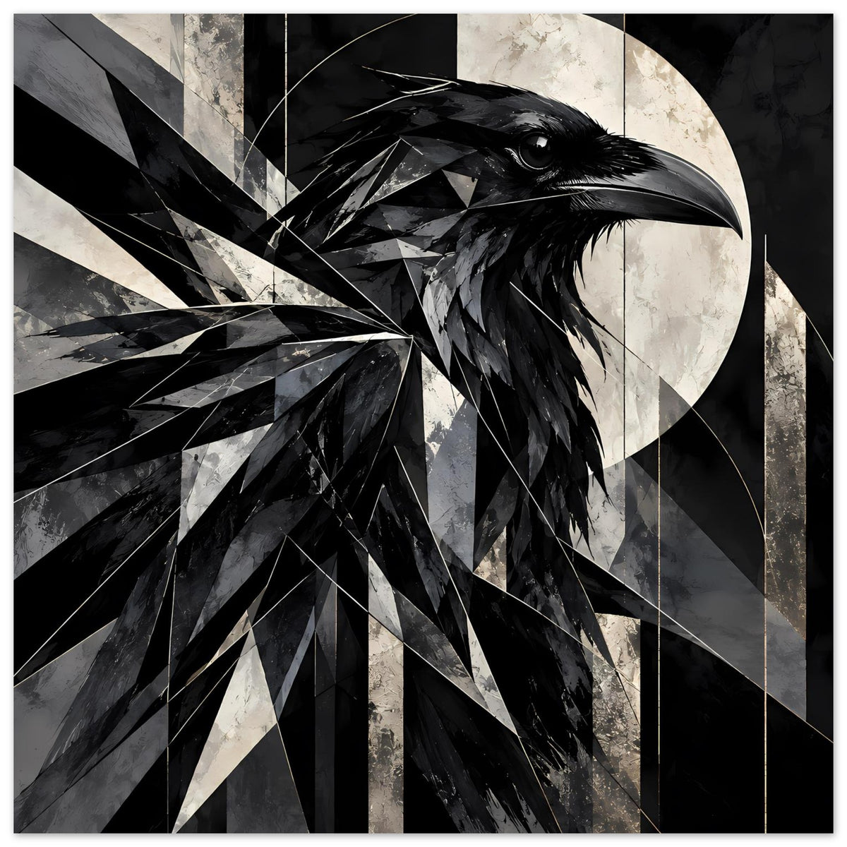 Kunstposter mit geometrischem Rabenmotiv, schwarz-weißes Federbild im kantigen Stil.