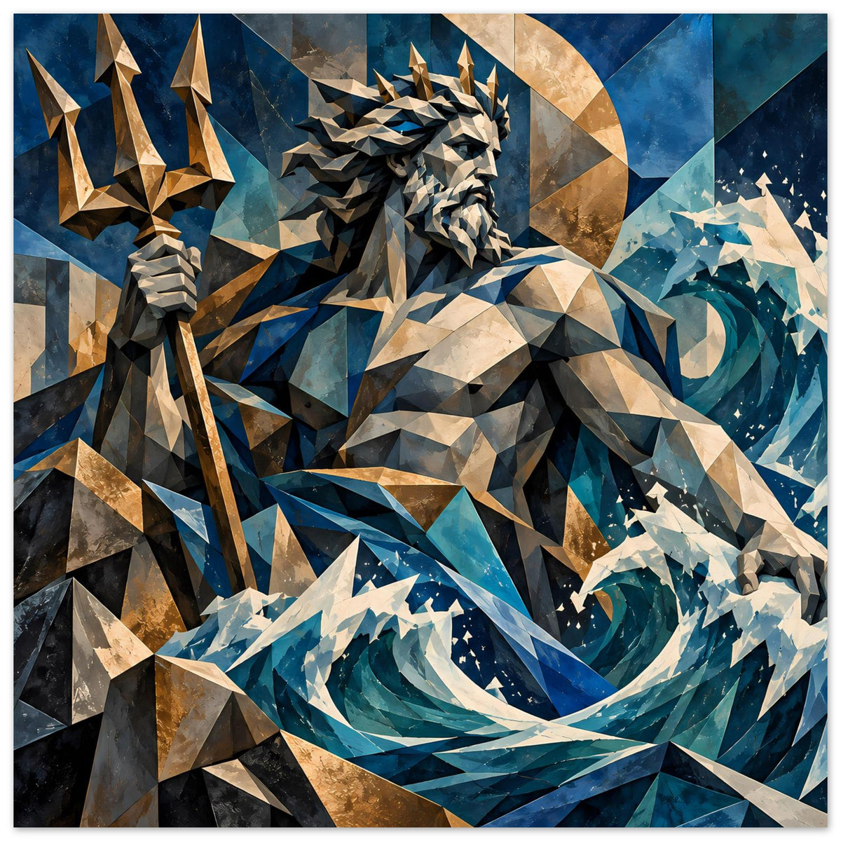 Mythologie-Poster: Poseidon in geometrischer Darstellung, Ozeanblau, Goldakzente und Wellen