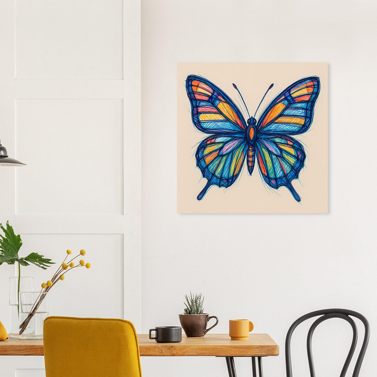 Gerahmtes Poster mit buntem Schmetterling, klarer Kontur und farbigen Flügelstreifen.
