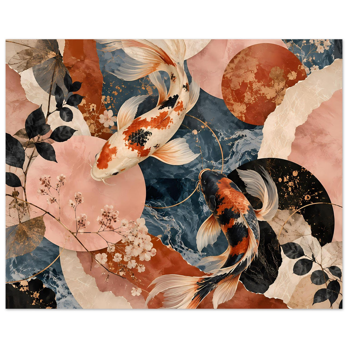 Wandposter mit Koi-Fischen in warmen Terrakotta- und Dunkelblau-Tönen, querformat