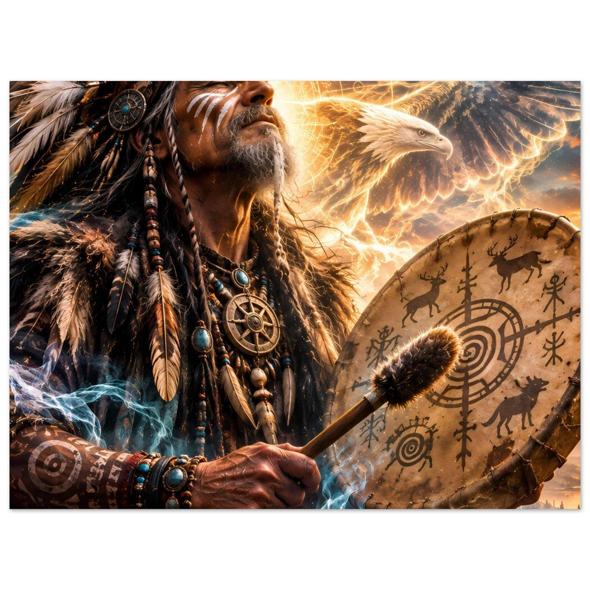 Fantasy-Poster: Schamane mit Trommel, Federhaube und goldener Adlerfigur im Lichtkreis