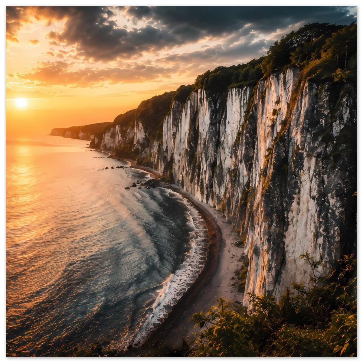 Poster mit Küstenklippen, Strand und Meer in warmem Abendlicht mit tiefem Horizont